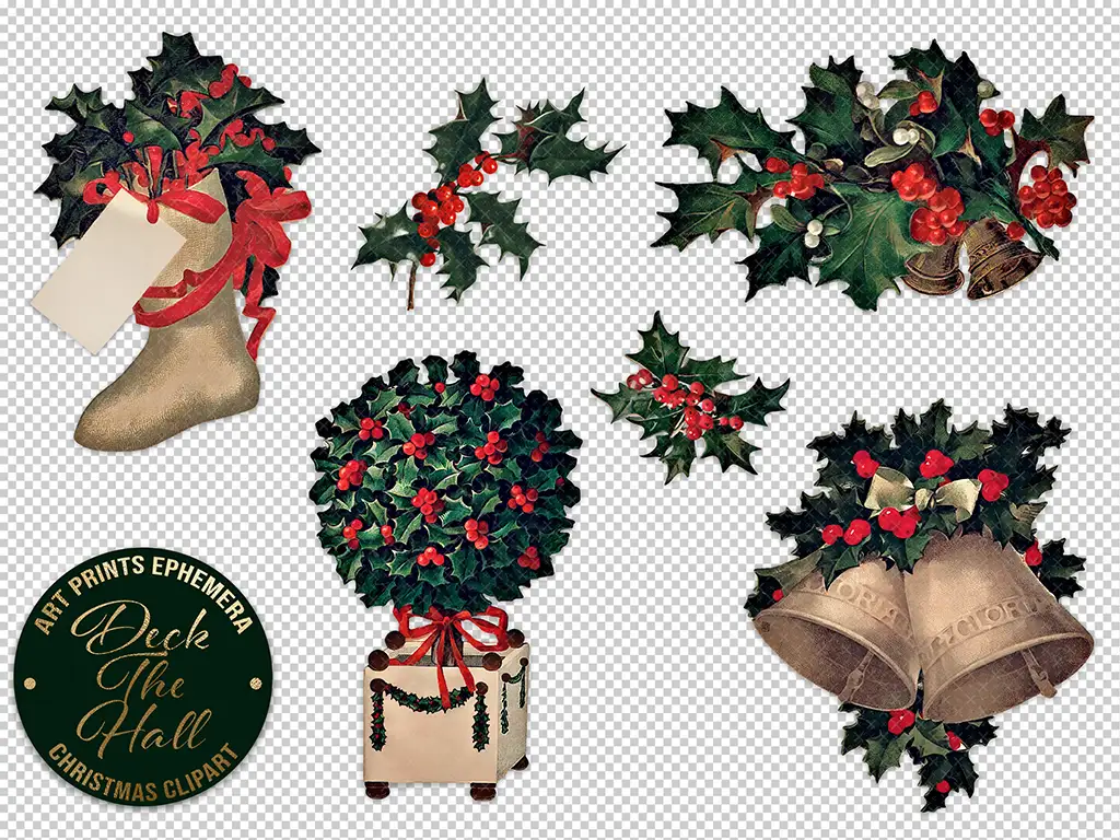 A Christmas-themed clipart set featuring various holiday decorations, including holly with red berries and ribbons, a topiary tree adorned with holly and berries, a pair of golden bells with holly, and a mitten decorated with holly and a ribbon.