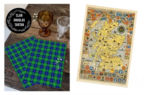 On the left, napkins in a blue and green Clan Douglas tartan pattern are displayed beside amber and clear glasses on a wooden table. In the upper left corner, a sign reads "Clan Douglas Tartan." On the right, a detailed map of Scotland with various heraldic shields is shown.
