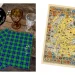 On the left, napkins in a blue and green Clan Douglas tartan pattern are displayed beside amber and clear glasses on a wooden table. In the upper left corner, a sign reads "Clan Douglas Tartan." On the right, a detailed map of Scotland with various heraldic shields is shown.