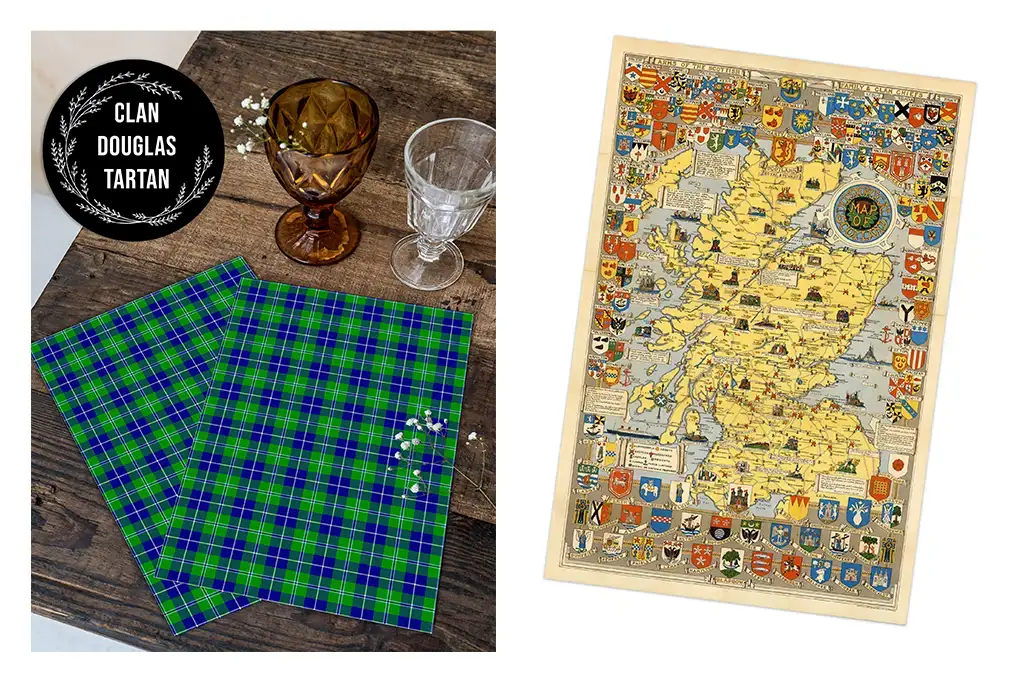 On the left, napkins in a blue and green Clan Douglas tartan pattern are displayed beside amber and clear glasses on a wooden table. In the upper left corner, a sign reads "Clan Douglas Tartan." On the right, a detailed map of Scotland with various heraldic shields is shown.