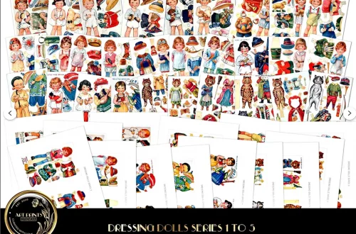 A collection of paper doll sheets with various outfits and accessories. The dolls are dressed in diverse costumes including traditional attire, casual clothes, and themed outfits. The image is labeled "Dressing Dolls Series 1 to 5" and features the Art Events logo.