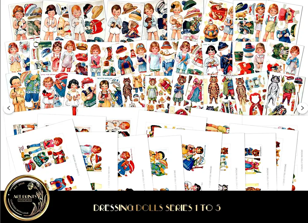 A collection of paper doll sheets with various outfits and accessories. The dolls are dressed in diverse costumes including traditional attire, casual clothes, and themed outfits. The image is labeled "Dressing Dolls Series 1 to 5" and features the Art Events logo.