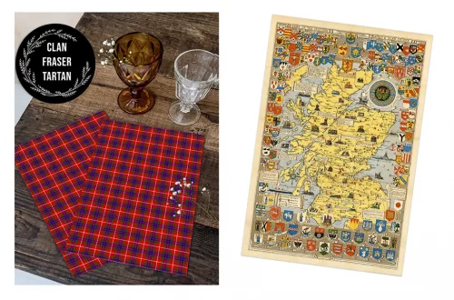 An image displaying two red tartan napkins or cloths on the left beside a vintage map of Scotland on the right. The top left corner has a label that reads "Clan Fraser Tartan" within a decorative circular border. There are three glasses in the top left.