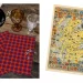 An image displaying two red tartan napkins or cloths on the left beside a vintage map of Scotland on the right. The top left corner has a label that reads "Clan Fraser Tartan" within a decorative circular border. There are three glasses in the top left.