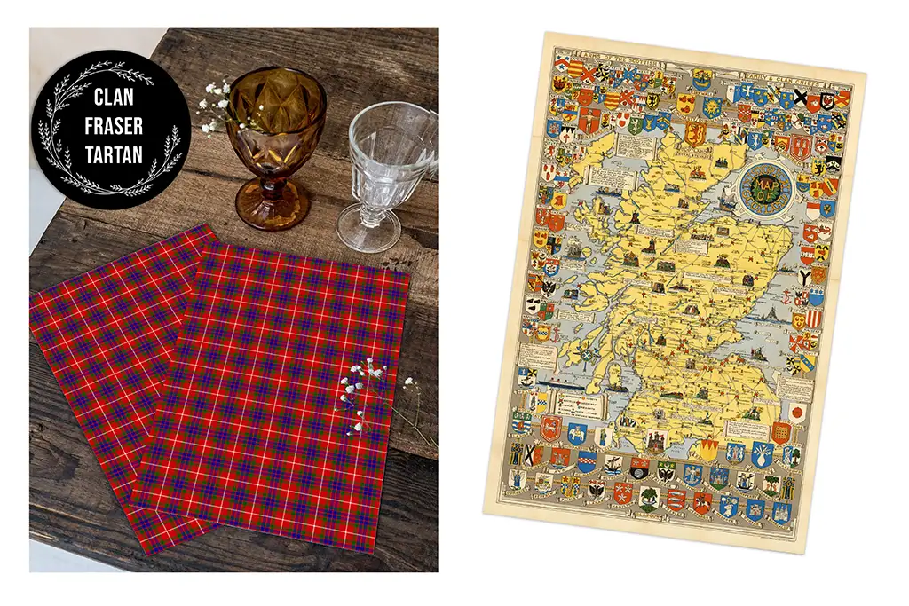 An image displaying two red tartan napkins or cloths on the left beside a vintage map of Scotland on the right. The top left corner has a label that reads "Clan Fraser Tartan" within a decorative circular border. There are three glasses in the top left.