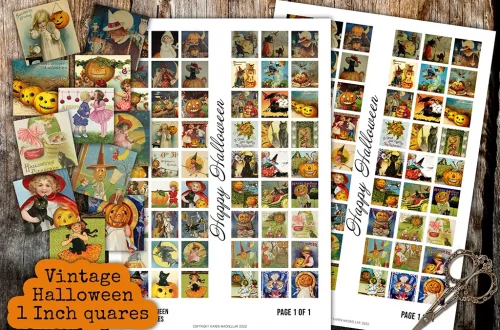 A collage of vintage-style Halloween images, featuring small squares of illustrations with pumpkins, witches, children in costume, black cats, and festive scenes. Three white sheets labeled "Happy Halloween" are laid out with scissors on a wooden surface. Text reads: "Vintage Halloween 1 Inch Squares.