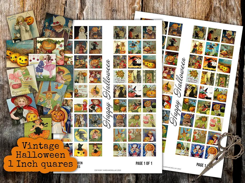 A collage of vintage-style Halloween images, featuring small squares of illustrations with pumpkins, witches, children in costume, black cats, and festive scenes. Three white sheets labeled "Happy Halloween" are laid out with scissors on a wooden surface. Text reads: "Vintage Halloween 1 Inch Squares.