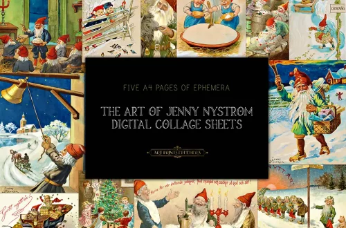 A collage of vintage illustrations by Swedish artist Jenny Nyström featuring festive winter scenes with Santa Claus, children, and snowy activities, titled "The Art of Jenny Nyström Digital Collage Sheets.