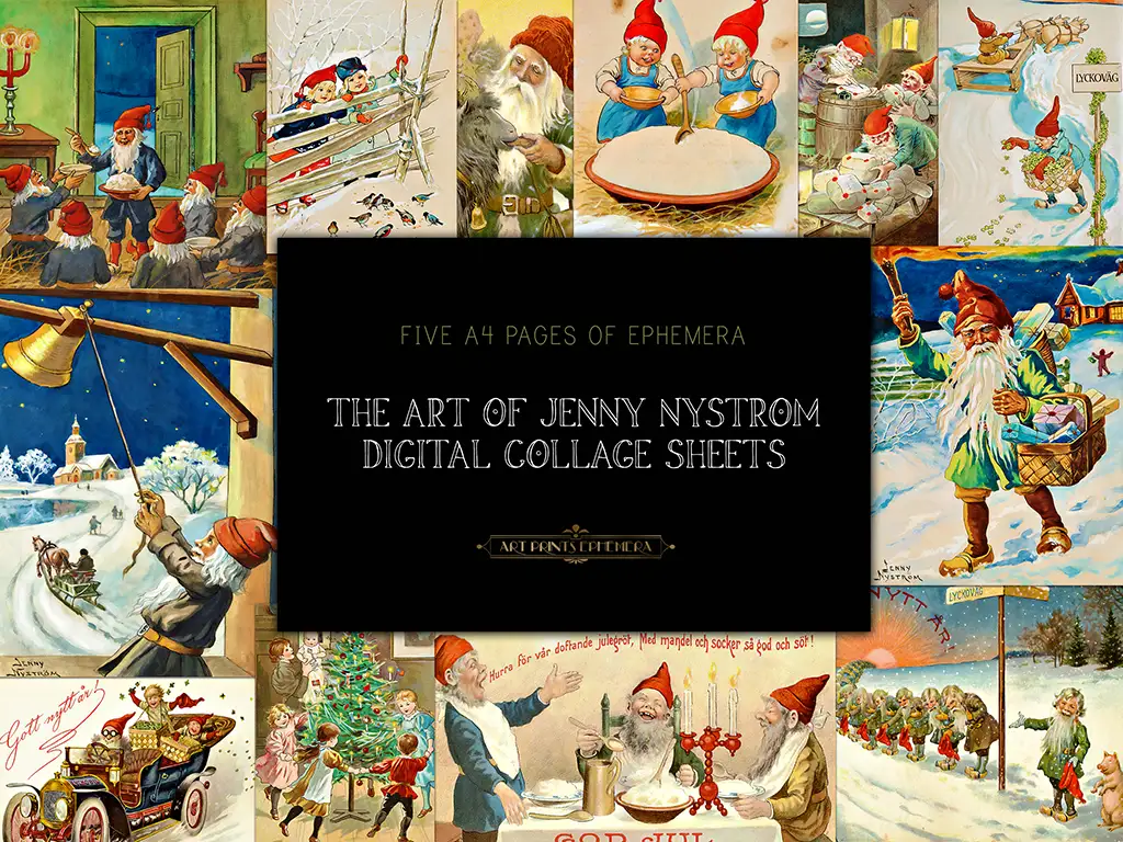 A collage of vintage illustrations by Swedish artist Jenny Nyström featuring festive winter scenes with Santa Claus, children, and snowy activities, titled "The Art of Jenny Nyström Digital Collage Sheets.