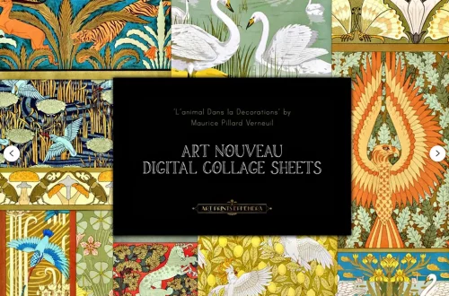 A digital collage sheet cover titled "Art Nouveau Digital Collage Sheets" by Maurice Pillard Verneuil. It features various intricate, nature-themed patterns, including swans, tigers, and peacocks. The designs showcase vibrant colors and elaborate details typical of Art Nouveau.