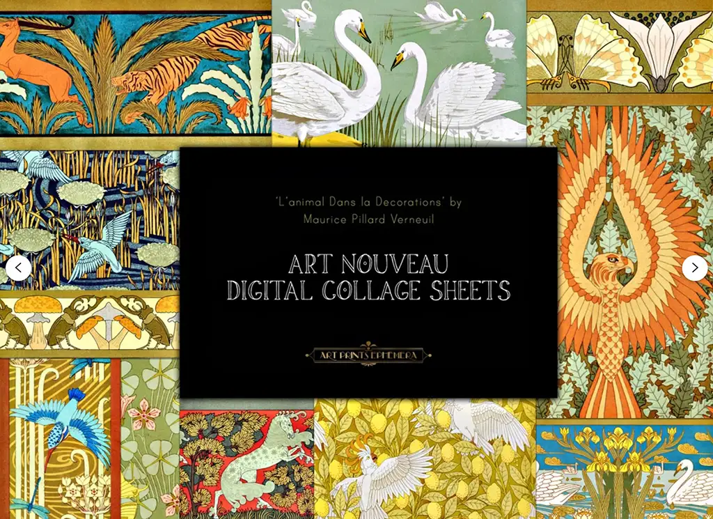 A digital collage sheet cover titled "Art Nouveau Digital Collage Sheets" by Maurice Pillard Verneuil. It features various intricate, nature-themed patterns, including swans, tigers, and peacocks. The designs showcase vibrant colors and elaborate details typical of Art Nouveau.