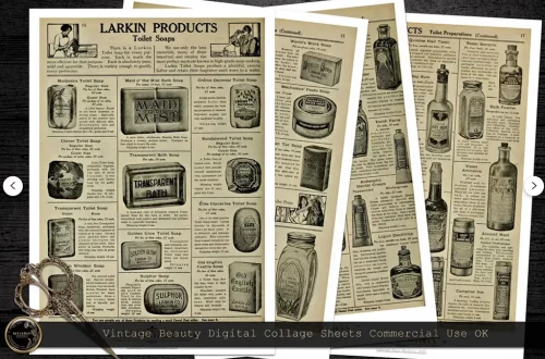 A vintage advertisement collage featuring pages of old Larkin Products catalogs. The pages showcase various toiletries like soaps, creams, and powders with detailed illustrations and descriptions. Scissors and a ruler lay on the edges, emphasizing a nostalgic aesthetic.