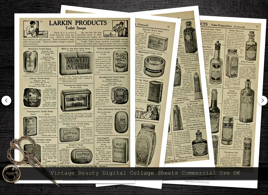A vintage advertisement collage featuring pages of old Larkin Products catalogs. The pages showcase various toiletries like soaps, creams, and powders with detailed illustrations and descriptions. Scissors and a ruler lay on the edges, emphasizing a nostalgic aesthetic.