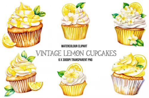Watercolor clipart illustration of six vintage lemon cupcakes with various decorations, including lemon slices, lemon zest, and green leaves. The text reads "WATERCOLOUR CLIPART VINTAGE LEMON CUPCAKES 6 X 300DPI TRANSPARENT PNG.