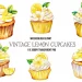 Watercolor clipart illustration of six vintage lemon cupcakes with various decorations, including lemon slices, lemon zest, and green leaves. The text reads "WATERCOLOUR CLIPART VINTAGE LEMON CUPCAKES 6 X 300DPI TRANSPARENT PNG.