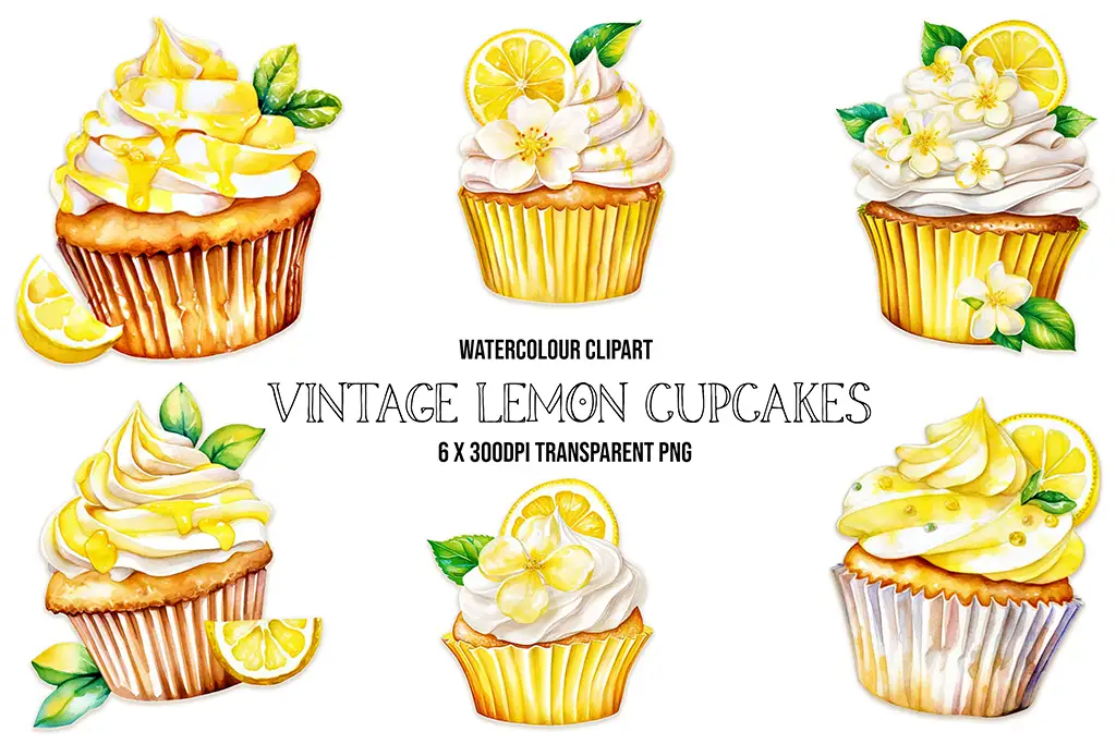 Watercolor clipart illustration of six vintage lemon cupcakes with various decorations, including lemon slices, lemon zest, and green leaves. The text reads "WATERCOLOUR CLIPART VINTAGE LEMON CUPCAKES 6 X 300DPI TRANSPARENT PNG.