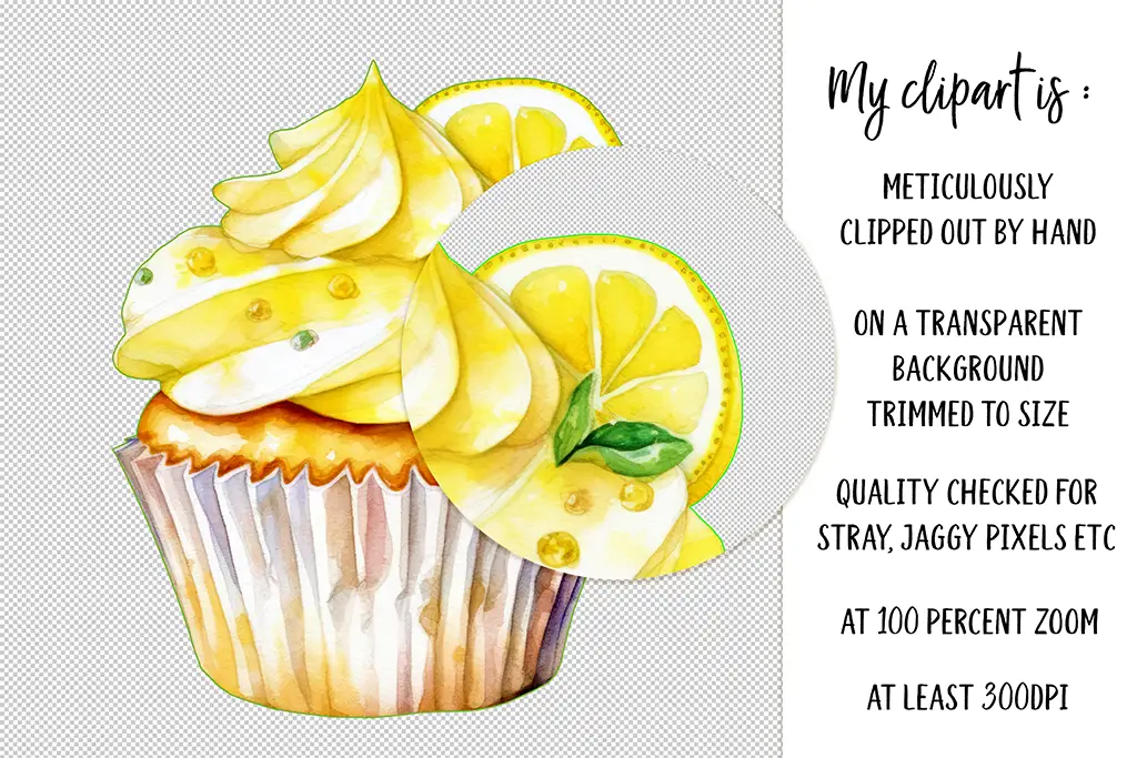 A watercolor illustration of a lemon cupcake with yellow frosting and lemon slice toppings. Text on the side describes the clipart as meticulously hand-clipped, quality-checked at 100% zoom, and at least 300 DPI. A magnified view shows detailed lemon slices.