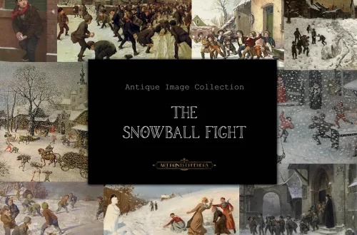 A collage of vintage paintings titled "The Snowball Fight" from "Art in the Era". Nine scenes depict lively snowball fights in various settings, featuring people in historical attire. This collection is a prime example of Classic Painted Art.
