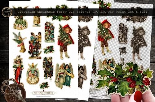 A collage of Victorian Christmas-themed ephemera, featuring vintage illustrations of angels, children, and holiday motifs, displayed with scissors and holly leaves on a white background.