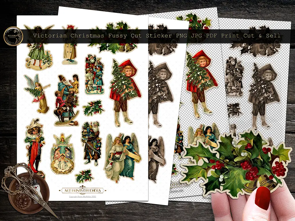 A collage of Victorian Christmas-themed ephemera, featuring vintage illustrations of angels, children, and holiday motifs, displayed with scissors and holly leaves on a white background.