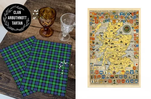 A photo featuring a wooden table with a brown glass and a clear glass, accompanied by two pieces of plaid cloth in blue, green, and black tartan pattern. The left side displays a "Clan Arbuthnott Tartan" label. On the right is a detailed map with coats of arms.