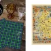 A photo featuring a wooden table with a brown glass and a clear glass, accompanied by two pieces of plaid cloth in blue, green, and black tartan pattern. The left side displays a "Clan Arbuthnott Tartan" label. On the right is a detailed map with coats of arms.