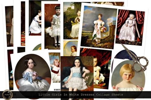 A collection of collage sheets featuring vintage portraits of little girls in white dresses. The images vary in style and setting, with some showing the girls holding toys or flowers. A pair of scissors is placed on the right side. Text reads "Little Girls In White Dresses Collage Sheets.
