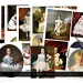 A collection of collage sheets featuring vintage portraits of little girls in white dresses. The images vary in style and setting, with some showing the girls holding toys or flowers. A pair of scissors is placed on the right side. Text reads "Little Girls In White Dresses Collage Sheets.