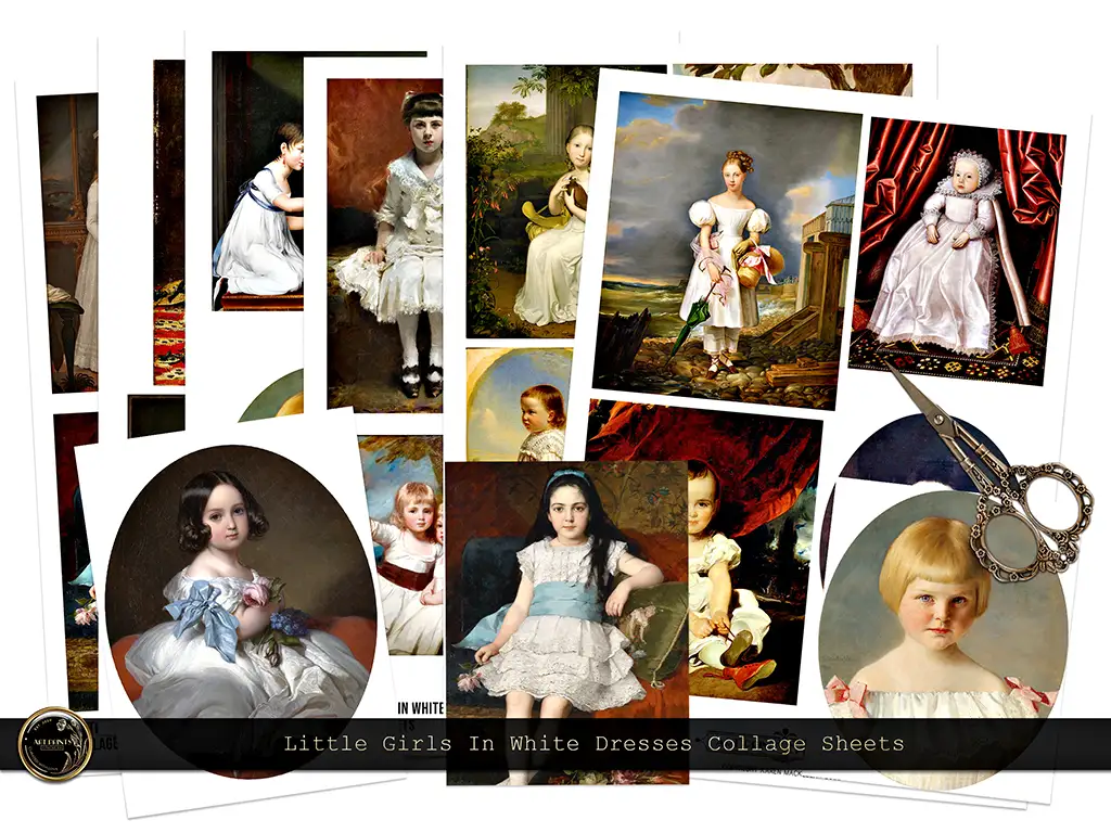 A collection of collage sheets featuring vintage portraits of little girls in white dresses. The images vary in style and setting, with some showing the girls holding toys or flowers. A pair of scissors is placed on the right side. Text reads "Little Girls In White Dresses Collage Sheets.