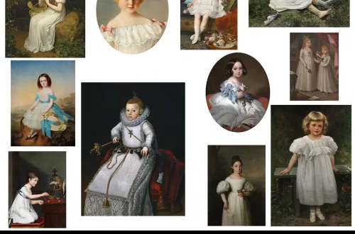 A collage of various classic and vintage portraits featuring young girls dressed in white dresses. The girls are posed in different backdrops, ranging from natural outdoor settings to elegant indoor environments, showcasing a variety of white dress styles. Text at the bottom reads "Little Girls in White Dresses.