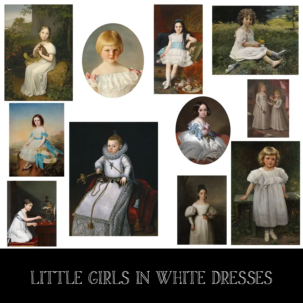 A collage of various classic and vintage portraits featuring young girls dressed in white dresses. The girls are posed in different backdrops, ranging from natural outdoor settings to elegant indoor environments, showcasing a variety of white dress styles. Text at the bottom reads "Little Girls in White Dresses.