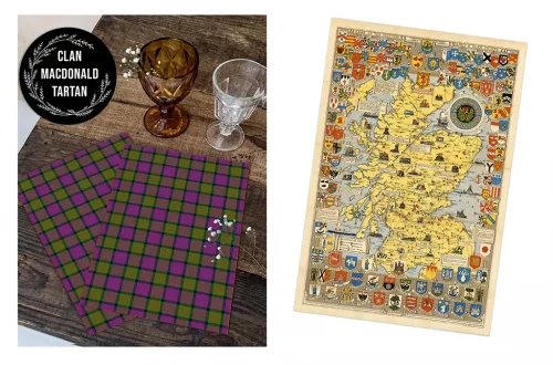An image showing two items: On the left, two pieces of fabric with a red, green, and purple Scottish Tartan pattern labeled "Clan MacDonald." On the right, a detailed map of Scotland adorned with various crests and symbols.