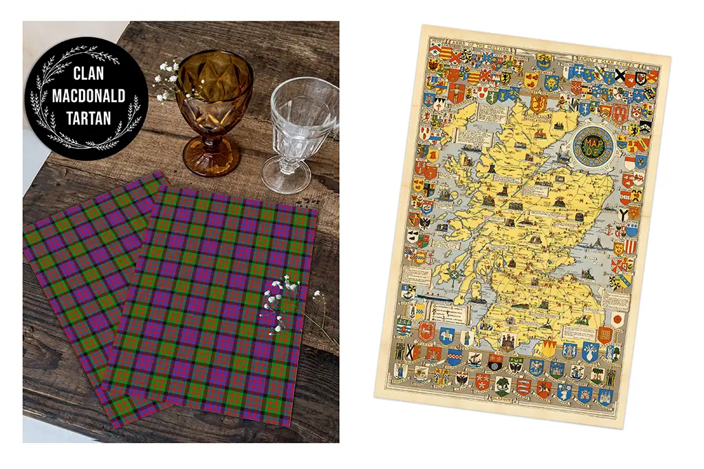 An image showing two items: On the left, two pieces of fabric with a red, green, and purple Scottish Tartan pattern labeled "Clan MacDonald." On the right, a detailed map of Scotland adorned with various crests and symbols.