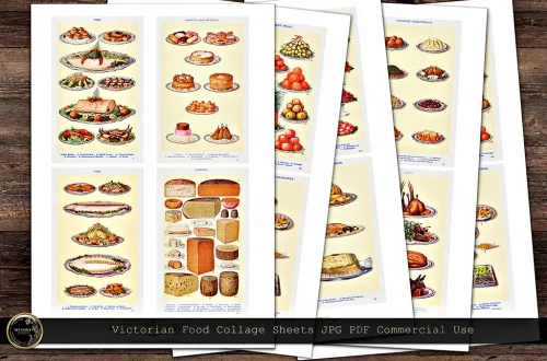 Four Victorian food collage sheets are laid out on a wooden surface. They depict various food items, including cakes, pies, bread, fruits, and vegetables, each image carefully illustrated with a vintage style. The sheets have the text "Victorian Food Collage Sheets JPG PDF Commercial Use" at the bottom.