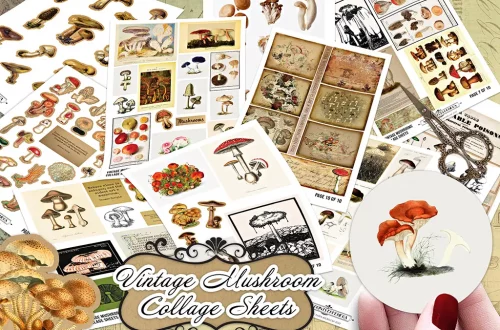 A collection of vintage mushroom collage sheets scattered across a surface. The sheets feature detailed illustrations of various mushroom species in different artistic styles and layouts. A hand in the bottom right corner holds a smaller cutout of orange mushrooms. The text "Vintage Mushroom Collage Sheets" is displayed prominently.