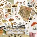 A collection of vintage mushroom collage sheets scattered across a surface. The sheets feature detailed illustrations of various mushroom species in different artistic styles and layouts. A hand in the bottom right corner holds a smaller cutout of orange mushrooms. The text "Vintage Mushroom Collage Sheets" is displayed prominently.
