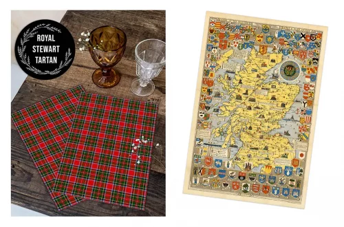 A wooden table with two red and green plaid napkins next to three differently colored glass goblets. On the right side, a detailed map of Scotland with various crests and shields. Above the table, the text "ROYAL STEWART TARTAN" is displayed within a black oval.
