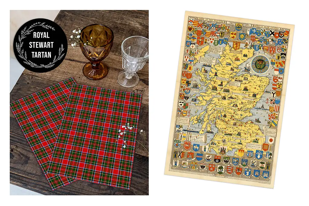 A wooden table with two red and green plaid napkins next to three differently colored glass goblets. On the right side, a detailed map of Scotland with various crests and shields. Above the table, the text "ROYAL STEWART TARTAN" is displayed within a black oval.