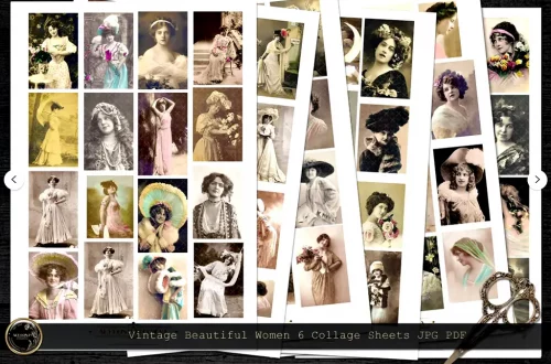 A collage featuring vintage photographs of women in various poses and outfits. The images showcase different styles, accessories, and expressions, reflecting early 20th-century fashion. Scissors are partially visible in the bottom right corner of the image.