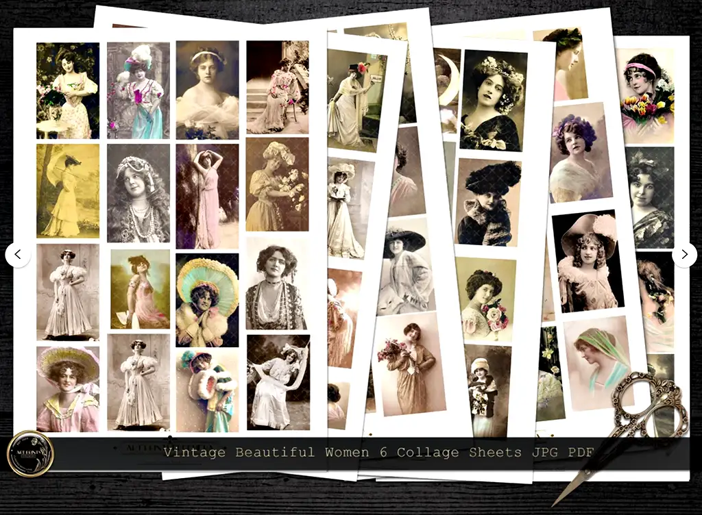 A collage featuring vintage photographs of women in various poses and outfits. The images showcase different styles, accessories, and expressions, reflecting early 20th-century fashion. Scissors are partially visible in the bottom right corner of the image.