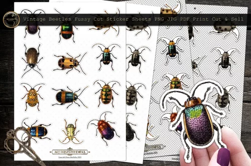 Two sheets of vintage beetle stickers are shown alongside a pair of ornate scissors. A hand holds one of the beetle stickers in the foreground. The stickers depict various beetle species with vibrant colors and detailed designs. Text indicates they are printable.