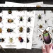 Two sheets of vintage beetle stickers are shown alongside a pair of ornate scissors. A hand holds one of the beetle stickers in the foreground. The stickers depict various beetle species with vibrant colors and detailed designs. Text indicates they are printable.