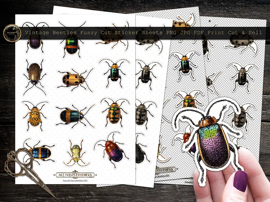 Two sheets of vintage beetle stickers are shown alongside a pair of ornate scissors. A hand holds one of the beetle stickers in the foreground. The stickers depict various beetle species with vibrant colors and detailed designs. Text indicates they are printable.