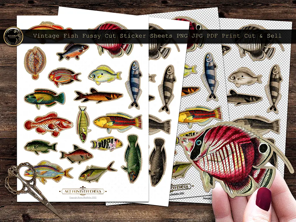 A collection of vintage fish fussy cut sticker sheets is shown, featuring various colorful fish designs. The sheets are displayed on a wooden surface with a pair of scissors nearby. One hand is holding a cut-out fish sticker in the foreground.