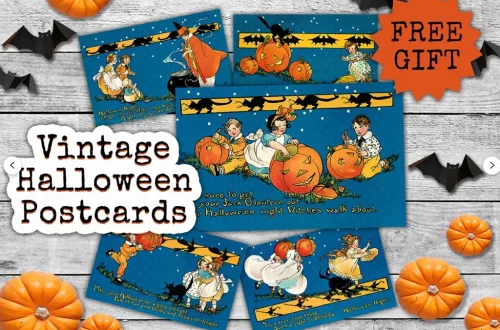 A set of vintage Halloween postcards featuring illustrations of children, pumpkins, and witches on a blue background with stars. The text reads "Vintage Halloween Postcards,"