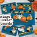 A set of vintage Halloween postcards featuring illustrations of children, pumpkins, and witches on a blue background with stars. The text reads "Vintage Halloween Postcards,"