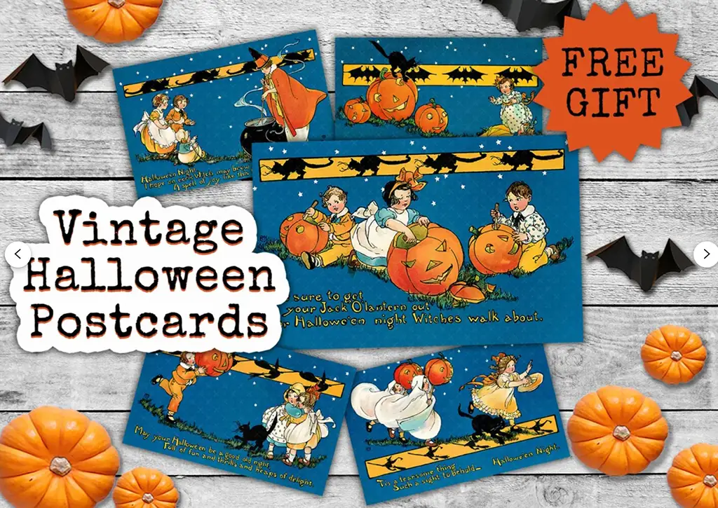 A set of vintage Halloween postcards featuring illustrations of children, pumpkins, and witches on a blue background with stars. The text reads "Vintage Halloween Postcards,"