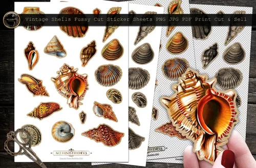Three sheets of vintage shell stickers are pictured on a wooden surface. A pair of scissors lies nearby. One sheet is being held up to display an ornate orange shell sticker. The sheets are labeled "Vintage Shells Fussy Cut Sticker Sheets PNG JPG PDF Print Cut & Sell.