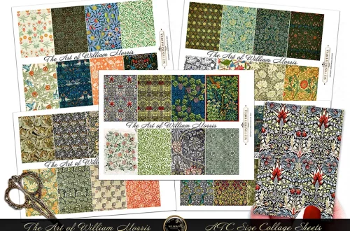 A hand holds a collage sheet displaying intricate patterns inspired by William Morris. Surrounding it are four more sheets showcasing similar floral and nature-inspired designs in various colors. A decorative vintage key rests beside the sheets. Text reads "The Art of William Morris.