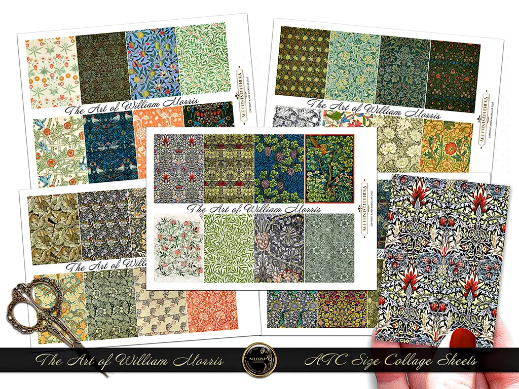 A hand holds a collage sheet displaying intricate patterns inspired by William Morris. Surrounding it are four more sheets showcasing similar floral and nature-inspired designs in various colors. A decorative vintage key rests beside the sheets. Text reads "The Art of William Morris.